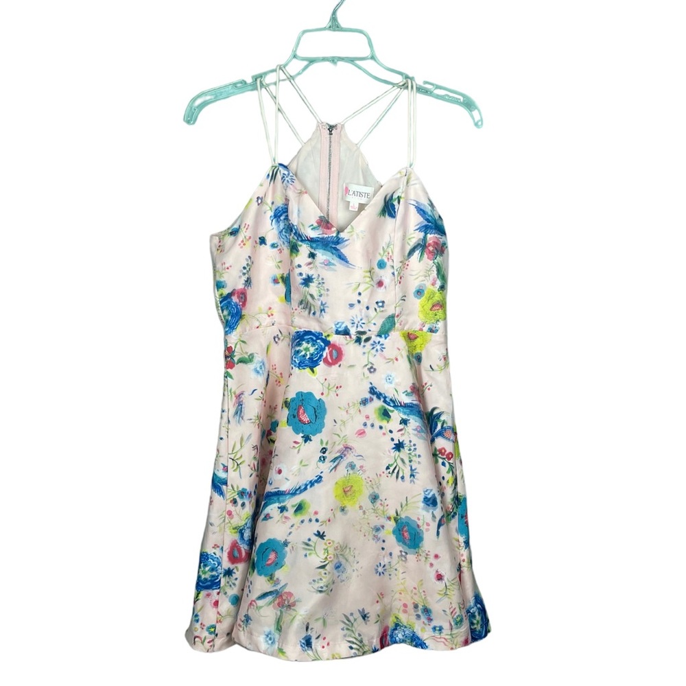 Latiste by Amy Pink Floral Print Fit and Flare Mini Dress Size Large V Neck